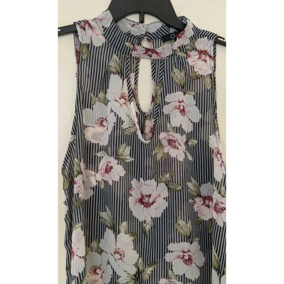 Cleo Striped Floral Sheer Sleeveless Lightweight Keyhole Top Size Large - Picture 3 of 6